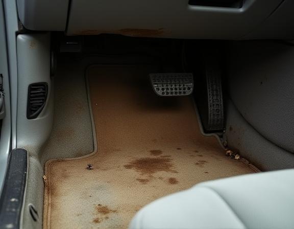 A car's interior with stained carpets and dusty dashboard.