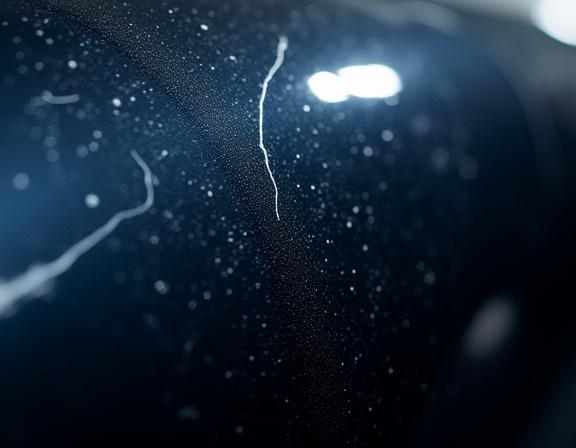 Car paint covered in fine scratches and swirl marks under bright light.
