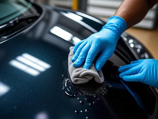 A technician applying a ceramic coating to a car's hood, showing its hydrophobic properties.